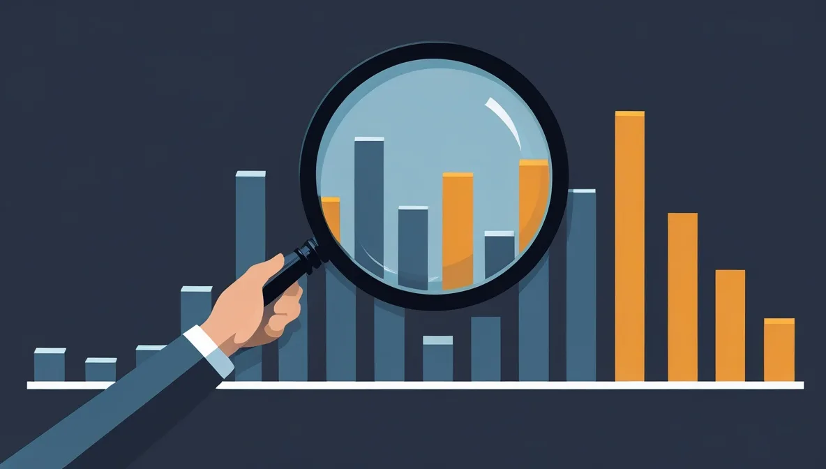Magnifying glass revealing that a tall solid bar chart is hollow underneath, illustrating why AI benchmarks can look stronger than they really are