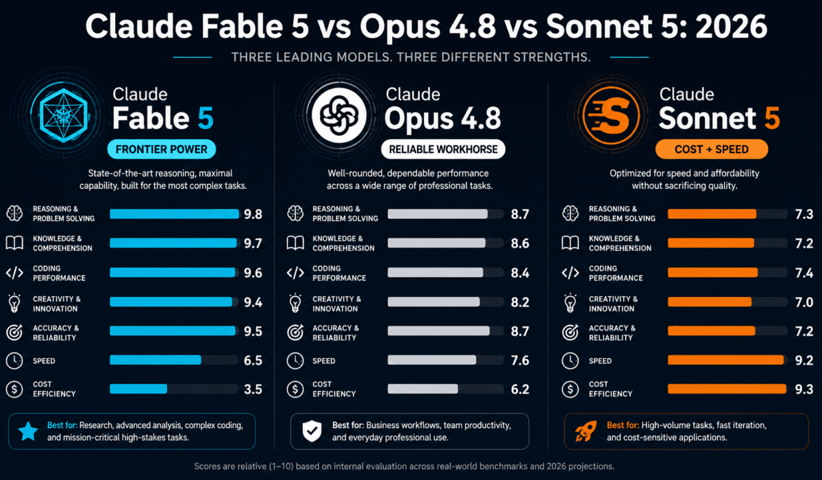 Claude Fable 5 vs Opus 4.8 vs Sonnet 5 comparison showing Anthropic's three flagship AI models with pricing and capability differences in 2026