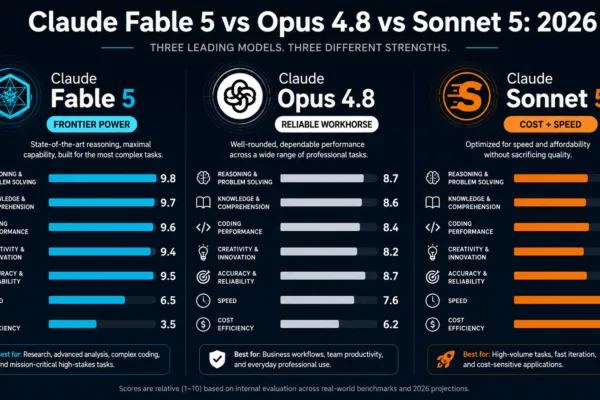 Claude Fable 5 vs Opus 4.8 vs Sonnet 5 comparison showing Anthropic's three flagship AI models with pricing and capability differences in 2026