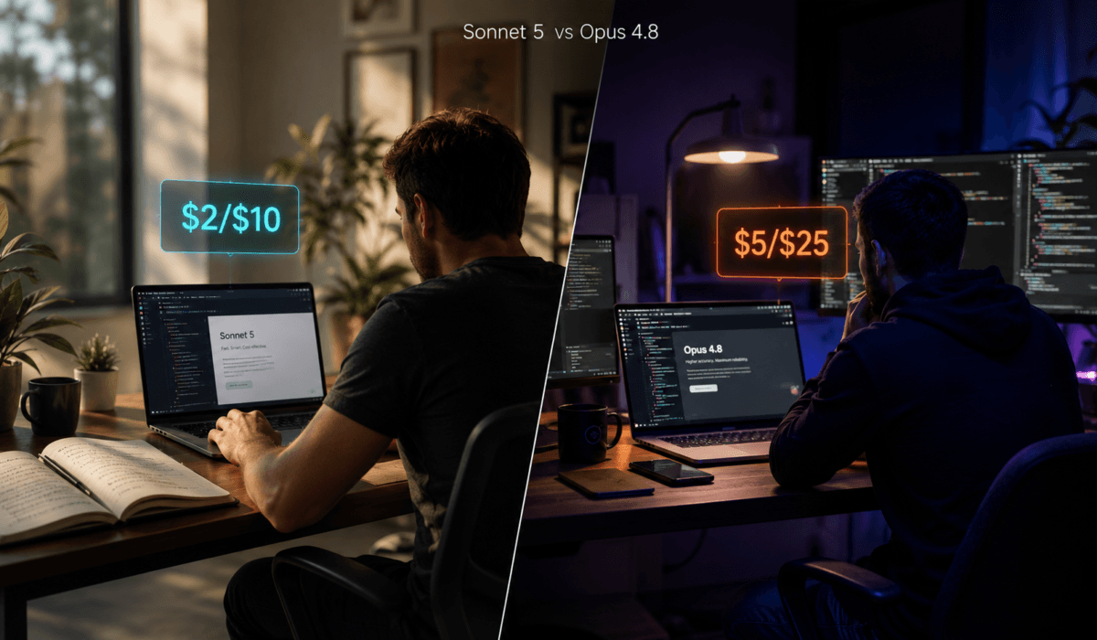 Claude Sonnet 5 vs Opus 4.8 comparison showing pricing and benchmark differences between Anthropic's mid-tier and flagship AI models in 2026