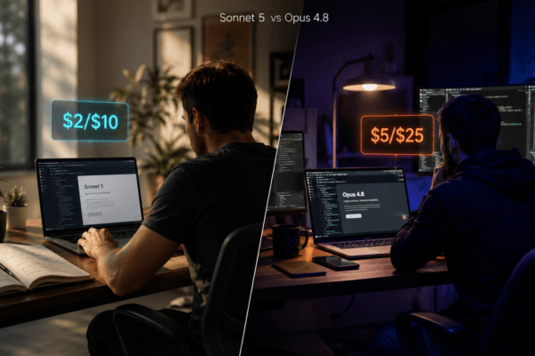 Claude Sonnet 5 vs Opus 4.8 comparison showing pricing and benchmark differences between Anthropic's mid-tier and flagship AI models in 2026