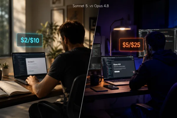 Claude Sonnet 5 vs Opus 4.8 comparison showing pricing and benchmark differences between Anthropic's mid-tier and flagship AI models in 2026