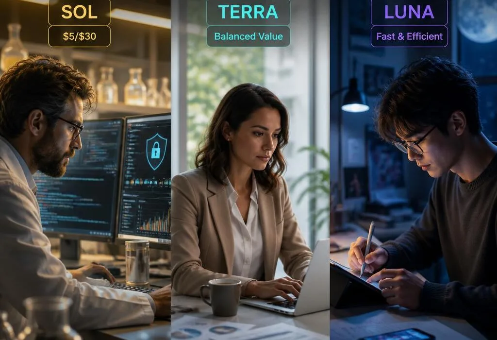 GPT-5.6 Sol vs Terra vs Luna comparison showing OpenAI's three new AI models for different use cases and price points in 2026