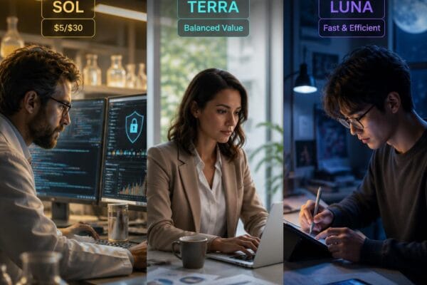 GPT-5.6 Sol vs Terra vs Luna comparison showing OpenAI's three new AI models for different use cases and price points in 2026