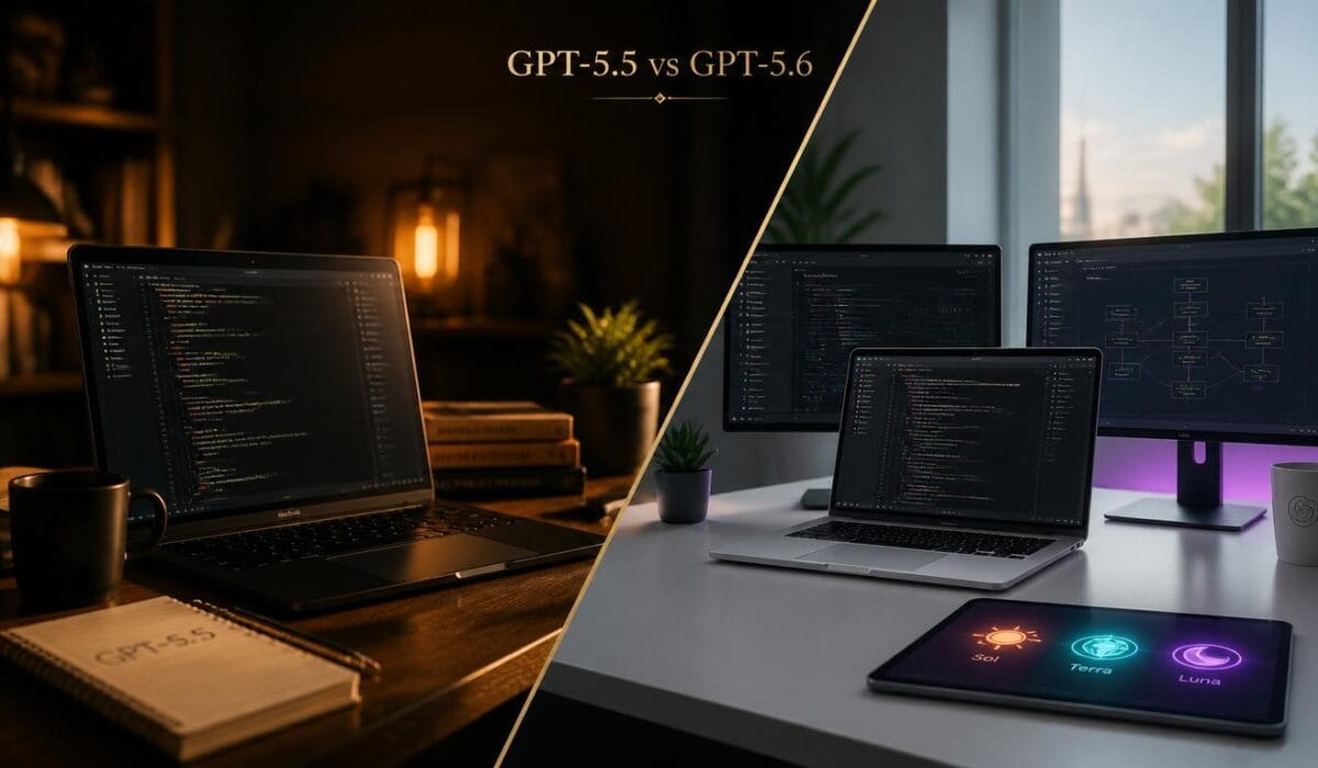 GPT-5.6 vs GPT-5.5 comparison showing OpenAI's new three-model family and previous flagship for developers deciding whether to upgrade in 2026