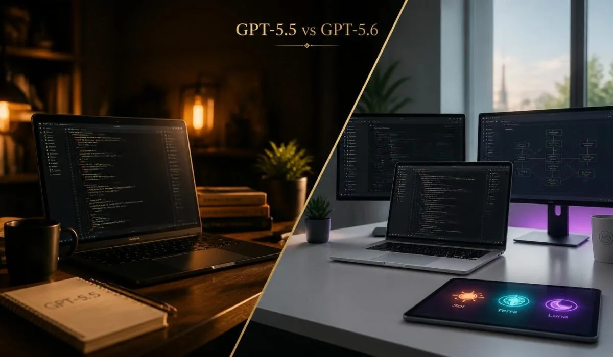 GPT-5.6 vs GPT-5.5 comparison showing OpenAI's new three-model family and previous flagship for developers deciding whether to upgrade in 2026
