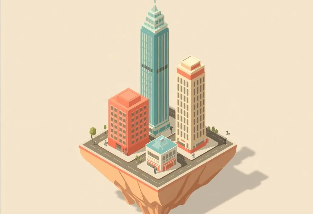 Three isometric buildings of very different heights on a floating island, representing the three GPT-6 pricing tiers from flagship to budget
