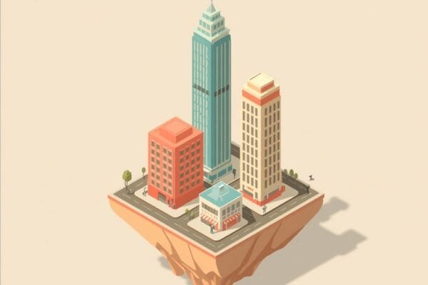Three isometric buildings of very different heights on a floating island, representing the three GPT-6 pricing tiers from flagship to budget