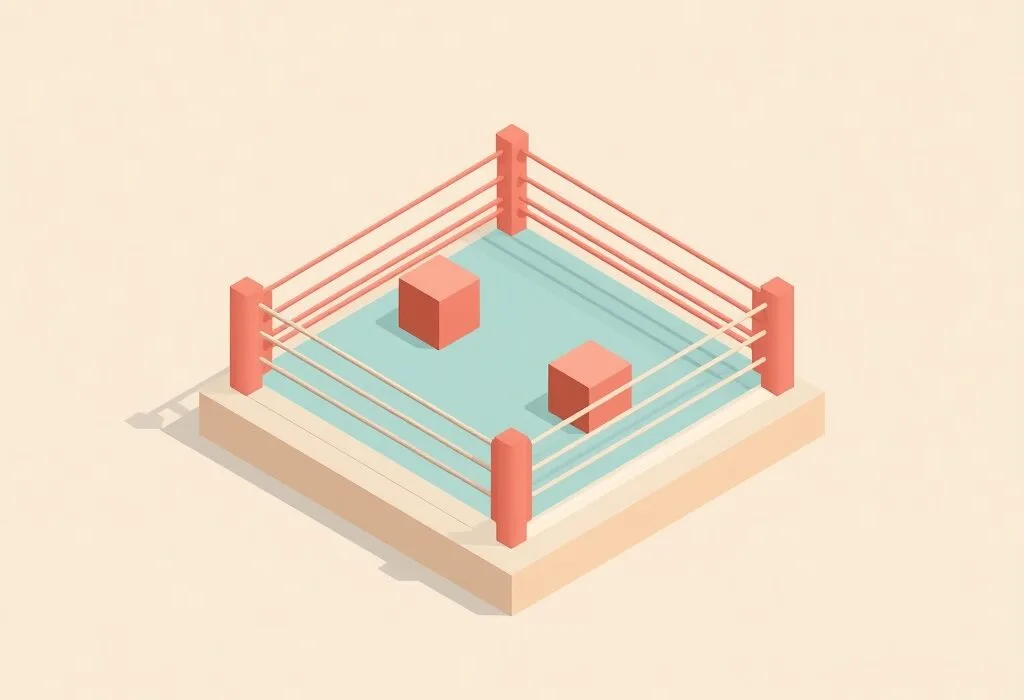 Isometric boxing ring with two competitors of different sizes in opposite corners, representing GPT-6 Sol against Claude Opus 5.5