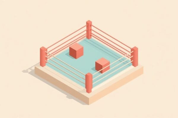 Isometric boxing ring with two competitors of different sizes in opposite corners, representing GPT-6 Sol against Claude Opus 5.5