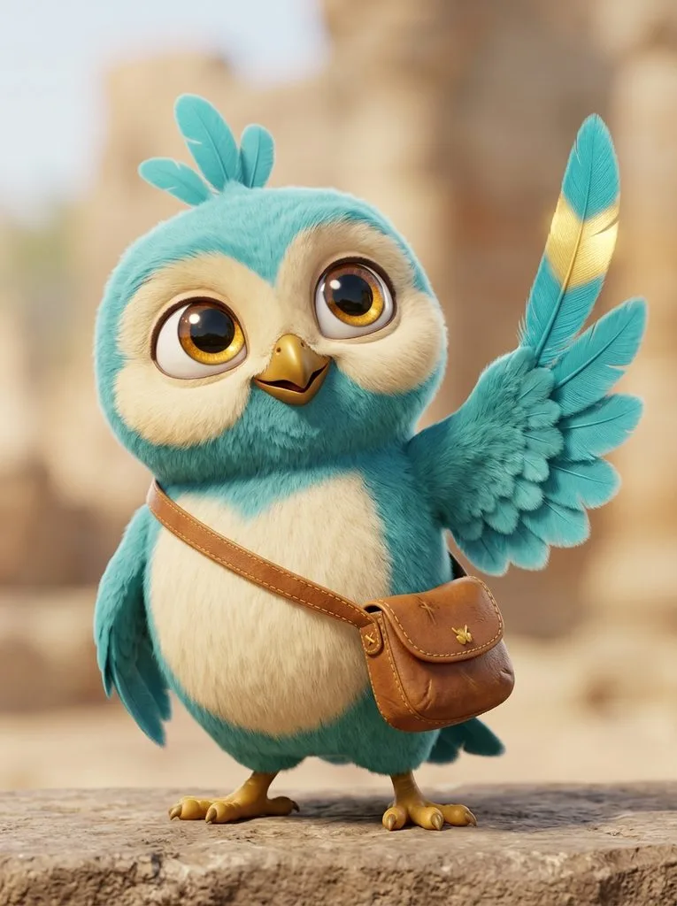 Character reference image made with Gemini: a teal cartoon bird with a satchel and a golden feather
