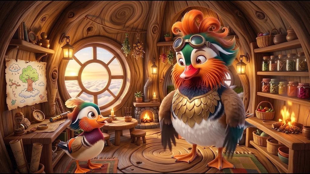 Veo 3.1 Lite result: the young duck changed design, the father became oversized, and a fire appeared on a shelf