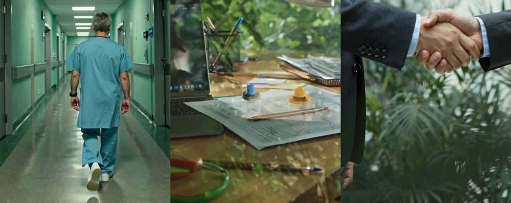 Three AI-generated video clips from Leonardo: a doctor in a hospital corridor, an office desk with documents, and a handshake