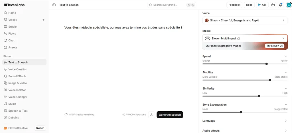 ElevenLabs text to speech screen with the Simon voice, Multilingual v2 model and free credit balance