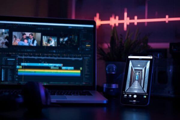 How to make AI videos for free: laptop with a video editing timeline and a phone playing a vertical AI video