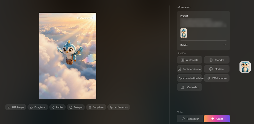 PixVerse V6 test: the character flying through clouds at sunrise, with the PixVerse watermark visible